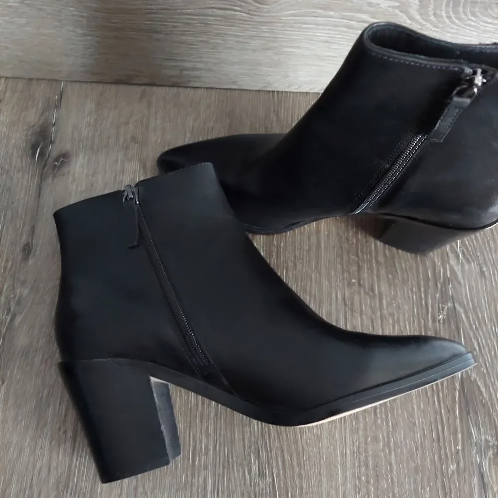 Halogen Bergen Leather Heeled Ankle Boot Black Pointed Toe Mid Calf Women 9.5
